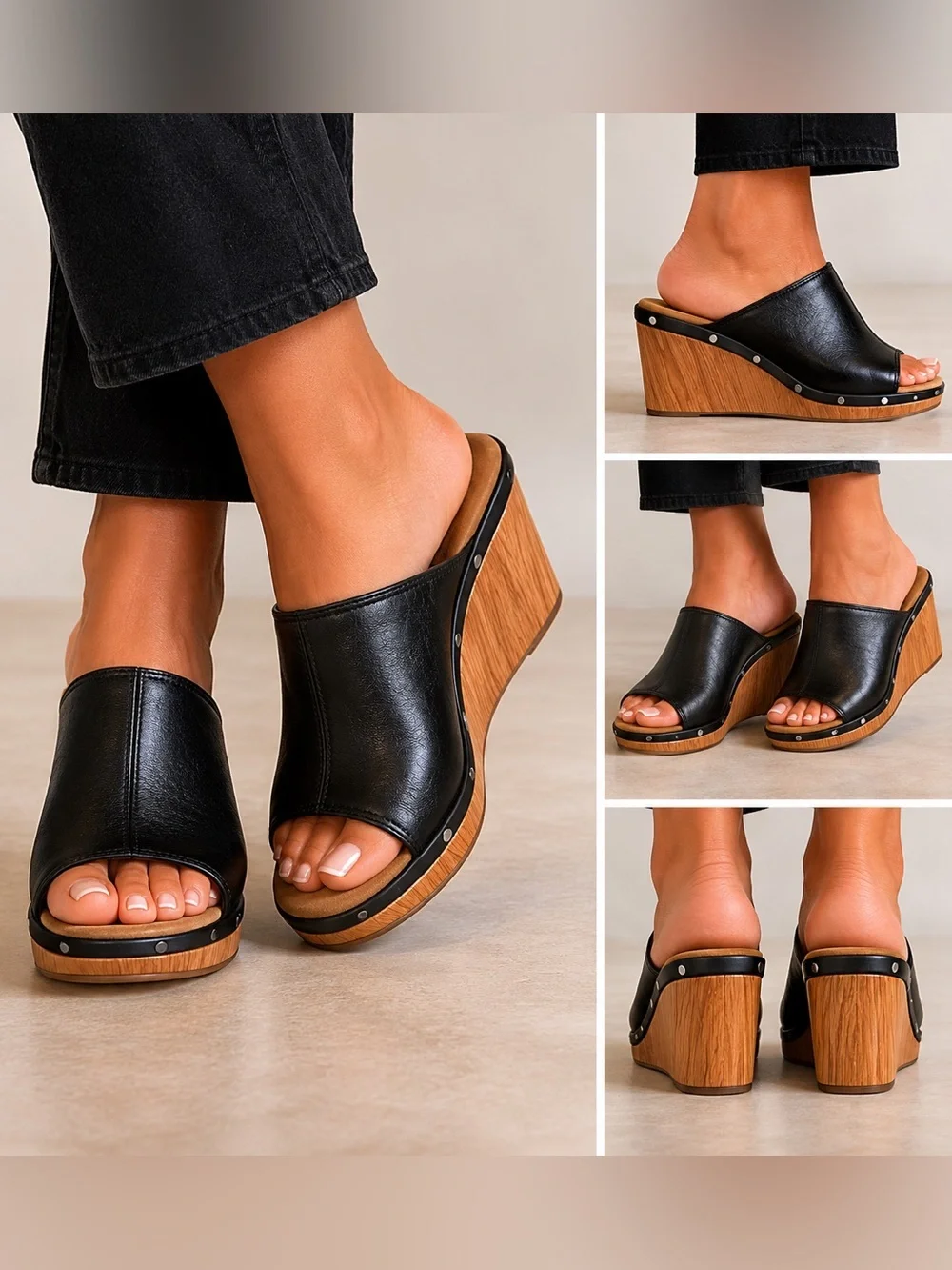 Clarks Collection Black Leather Open Toe Wedge Mule Sandals Clogs Women’s 8